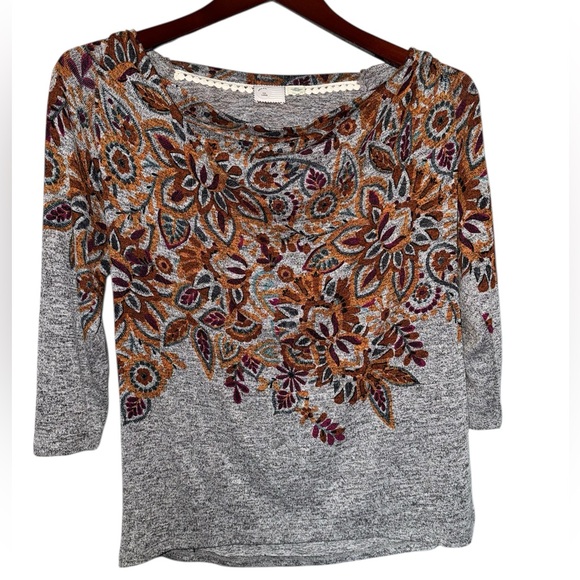9-H15 Stcl Tops - Anthropologie 9-h15 Stcl Womens Gray 3/4 Sleeve Floral Pullover
